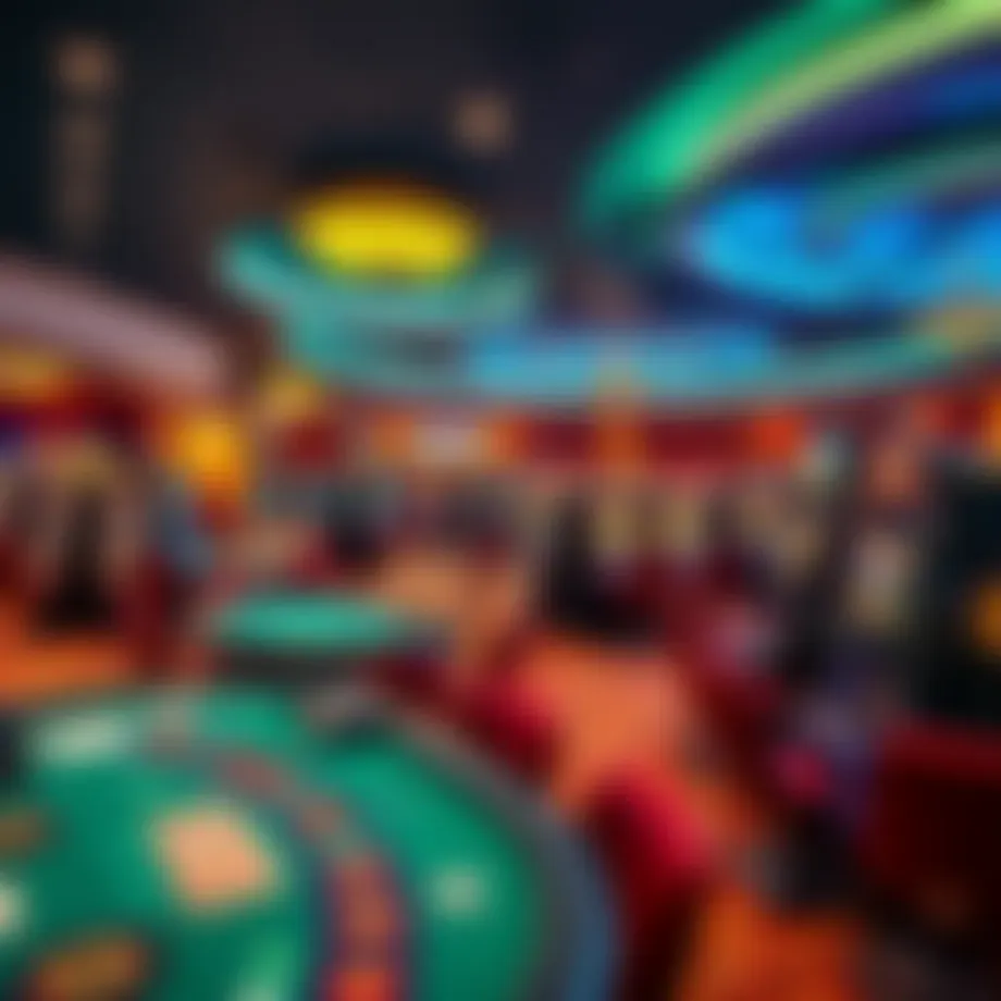 A vibrant casino game room filled with various gaming tables and slot machines
