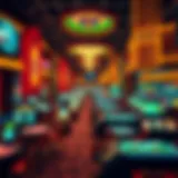 An intricate layout of a casino with vibrant lights and gaming tables
