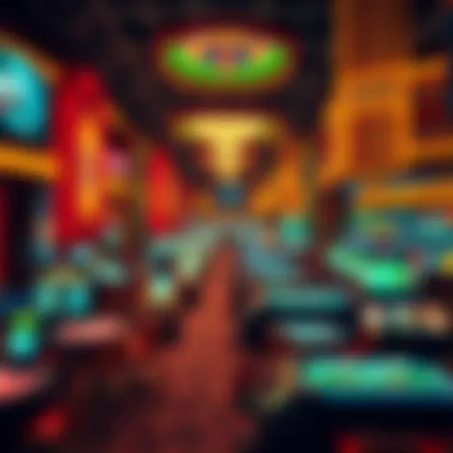 An intricate layout of a casino with vibrant lights and gaming tables