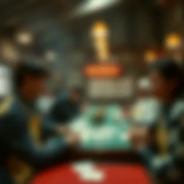 A historical depiction of traditional bingo game settings with players and cards