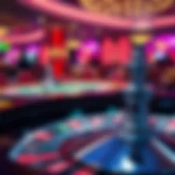 A close-up view of a roulette wheel in a vibrant casino setting.